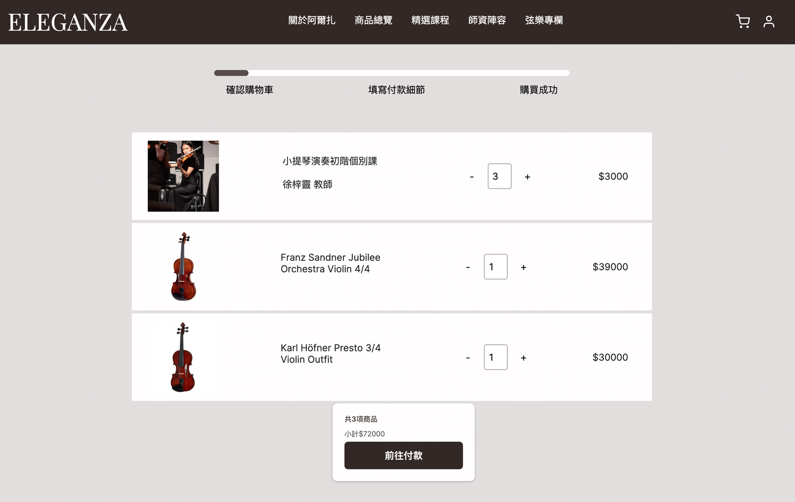 Eleganza shopping cart interface