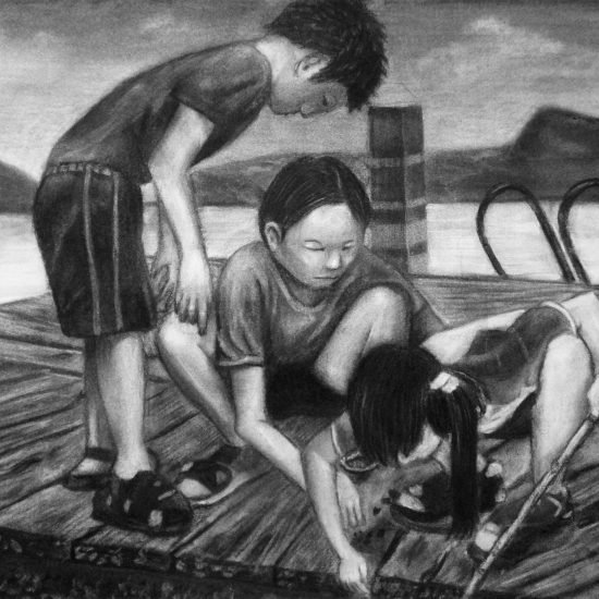 Picking up Clams near Grandpa's Home with Brother and Cousin / MBM / 2K / charcal , charcal pencil
